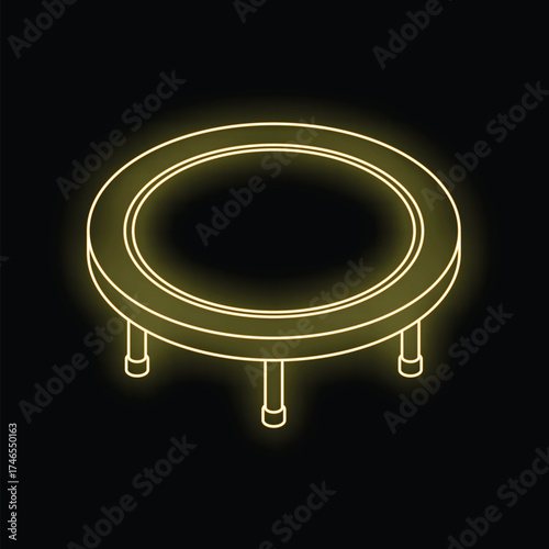 Neon yellow mini trampoline glowing on black background, concept of fitness, workout and healthy lifestyle