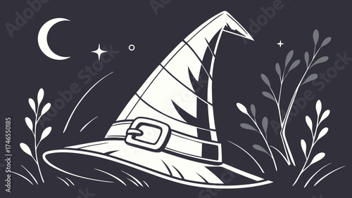 Witchs hat in night scene Halloween illustration magical design vector art dark background mystical graphic spooky clipart gothic style whimsical image folklore element fantasy art cre.