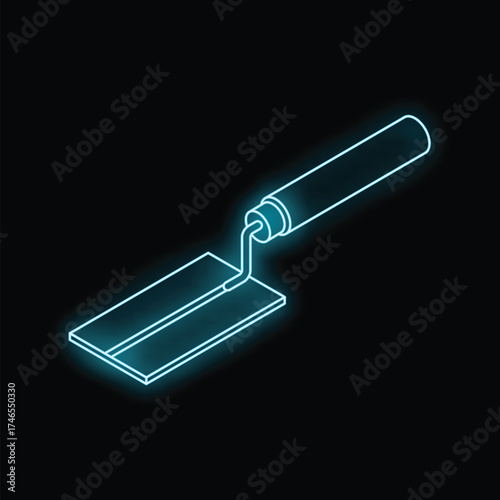 Glowing neon blue trowel spreading putty on surface in isometric view on black background