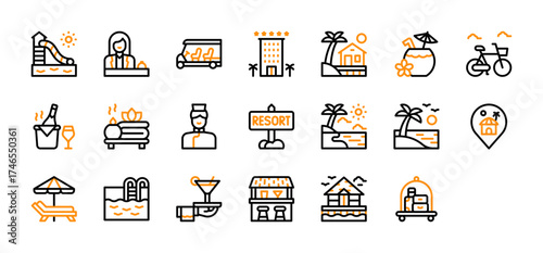 Set of Resort icon. Cocktail, Beach Umbrella, Luggage Cart, Overwater Bungalow, Water Slide, Receptionist, Bicycle With Clouds, Champagne Bucket, Golf Cart, Hotel, Beach House vector. 