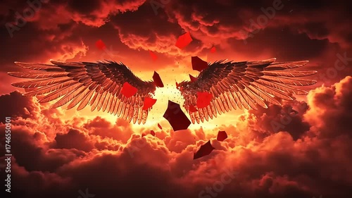 Epic Angel Wings Emerge From Fiery Clouds Dramatic Scene.