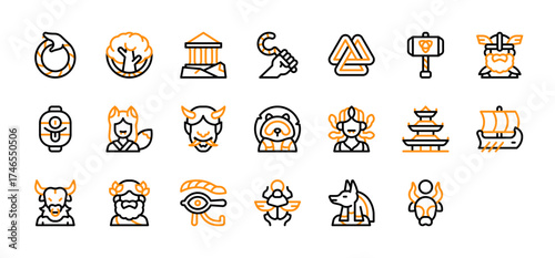 Set of Mythology icon. Ouroboros, Life Tree, Olympus, Crook, Valknut, Mjolnir, Thor, Yokai, Kitsune, Oni Mask, Lion Panda, Medusa, Pagoda, Greek, Minotaur, Zeus, Eye Of Horus, Scarab Beetle vector. 