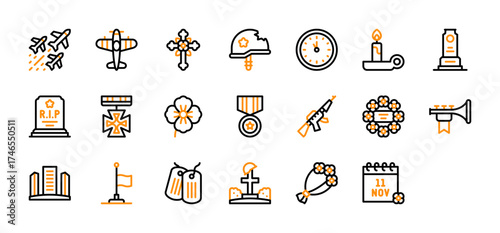 Set of Remembrance Day icon. Planes, Airplane, Poppy, War Helmet, Clock, Candle Holder, Cenotaph, Tombstone, Medal, Poppy, Ak47, Wreath, Trumpet, Building, Flag Pole, Plates vector.
