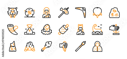 Set of Prehistoric icon. Saber Tooth Tiger, Stone Age, Caveman, Fishing, Boomerang, Necklace, Cave Painting, Drinking Horn, Volcano, Egg In Nest, Meat, Dinosaur, Making Fire illustration. 