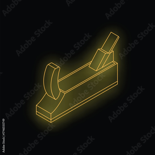 Yellow neon outline of a wood plane glowing on black background
