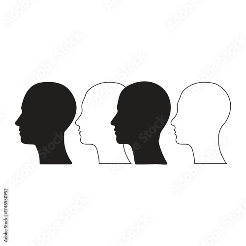 Four silhouettes of human heads in profile facing left with alternating black and white colors