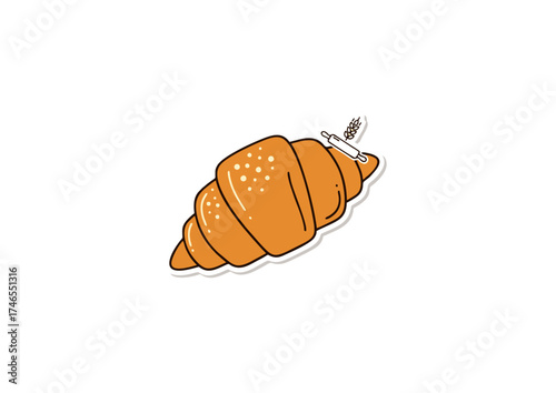 A charming hand-drawn illustration of a freshly baked, golden-brown croissant, complete with a small wheat stalk, embodying the essence of a delightful morning treat or a cozy bakery item