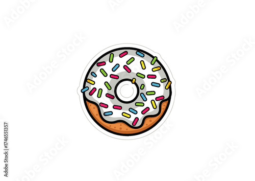 A delightful cartoon illustration of a sweet donut with white frosting and a shower of colorful rainbow sprinkles, isolated as a sticker icon
