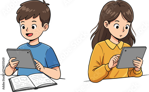 Children using tablets, online study, digital learning, e-education, technology in classroom, modern students, interactive study, reading tablet, home learning, smart education