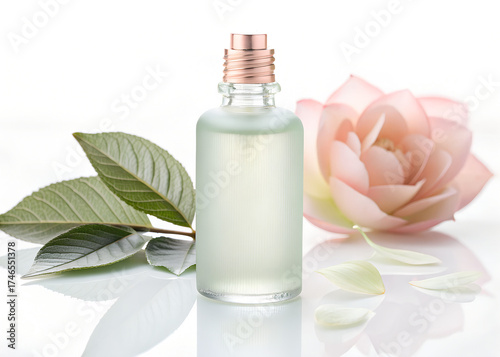 Essential oil bottle with label space, frosted glass, white background, soft reflection