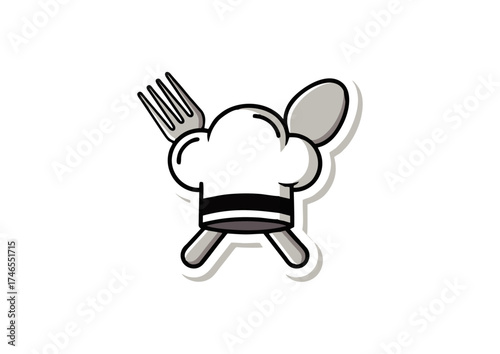 Chef hat with crossed fork and spoon icon on white background representing culinary arts and food preparation