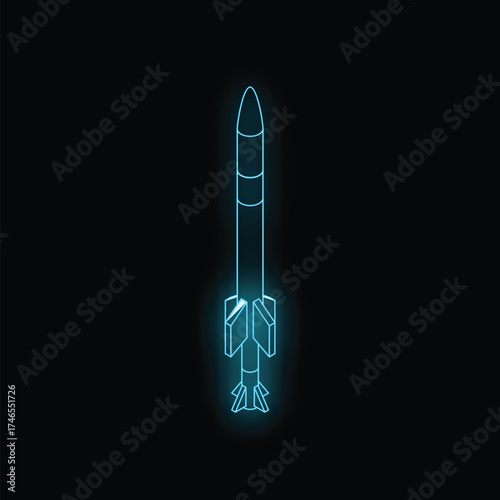 Neon blue rocket missile glowing on black background, concept for war, military technology, nuclear weapon and futuristic weapon