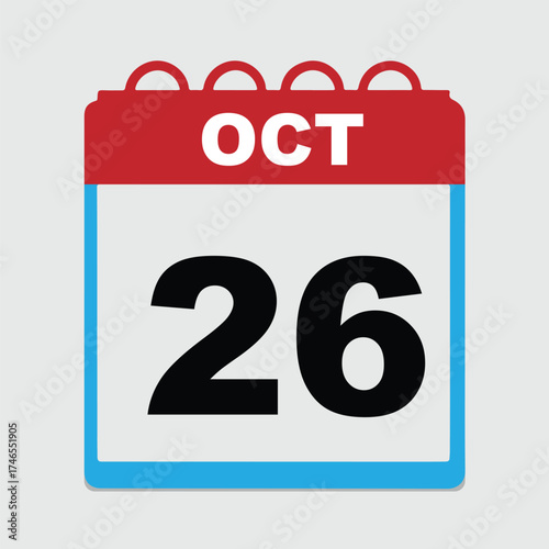 October 26 calendar date vector design with bold typography and red header, reminder and planner concept for schedule, events, and digital applications.