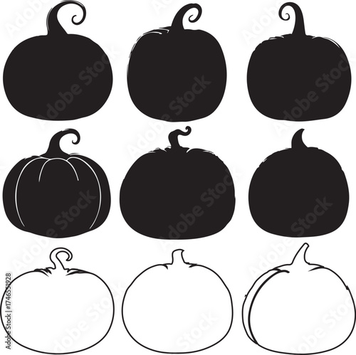 Pumpkin set vector illustration with black and white silhouette outline, autumn harvest design for decorations, patterns, and seasonal graphics.