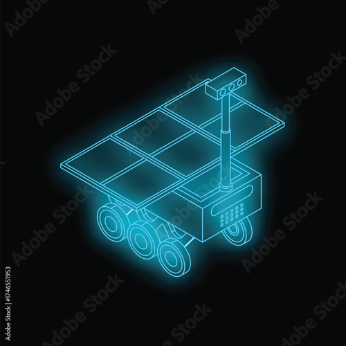 Neon glowing wireframe of a space rover exploring a planet surface using solar energy
