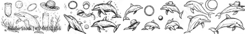 A cute cartoon blue dolphin character is depicted playing with balls, jumping through a hoop, and drawing in a modern dolphinarium performance setting