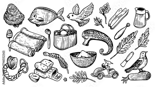 Baby clothes and furniture in scandinavian style, along with nursery elements, animal toys, decor, cradles, rattles, and accessories for newborns, form a modern set