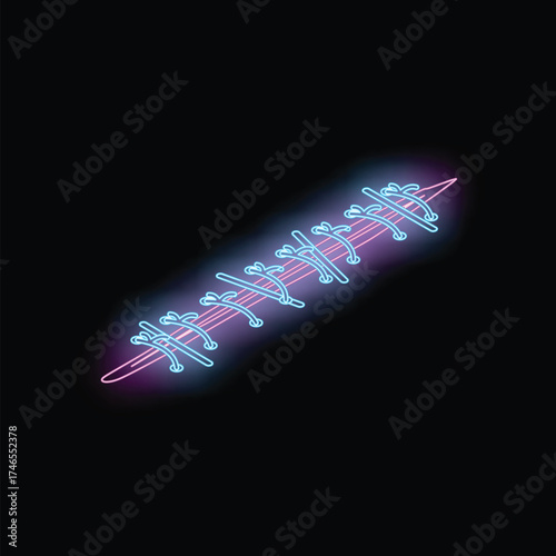 Neon icon of a surgical suture glowing on a dark background