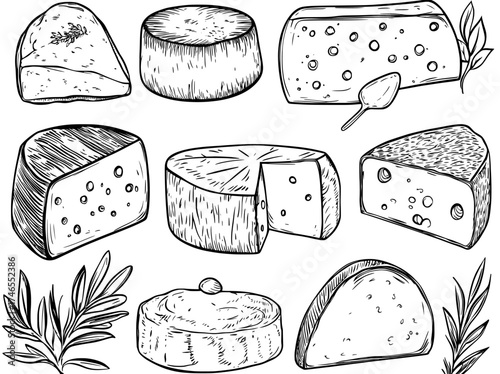 A variety of cheeses are depicted, including parmesan, brie, mozzarella, gouda, cheddar, and feta, all presented in a modern and cartoonish style