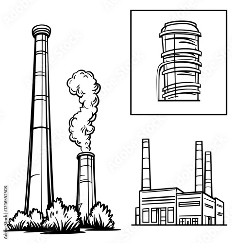 A modern set of flat factories encompasses eco power plants that utilize solar panels and windmills, chemical manufacturing, and industrial complexes, showcasing a contemporary design