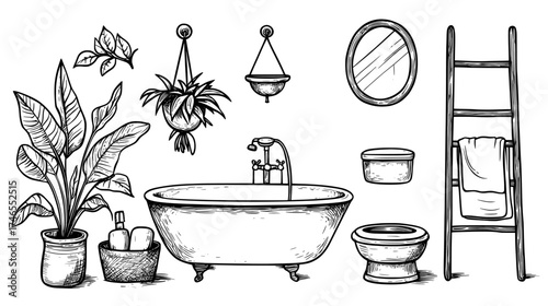 The bathroom is equipped with modern Scandinavian furniture, featuring a bathtub, sink, and toilet, alongside hygge-inspired interior elements, such as towels, mirrors, and a washer