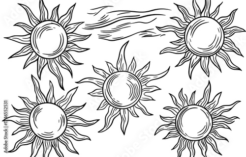 This modern set consists of a cartoon sun icon, flat and hand drawn summer symbols, a sunshine shape logo, morning sun silhouettes, and sunny day weather elements, all in bright orange sunlight with