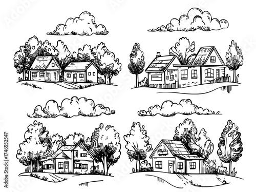 Cities, towns, and villages are showcased in a lined formation, with landscape panoramas that include skyscrapers, cottages, and countryside houses, representing the modern concept of urban and rural