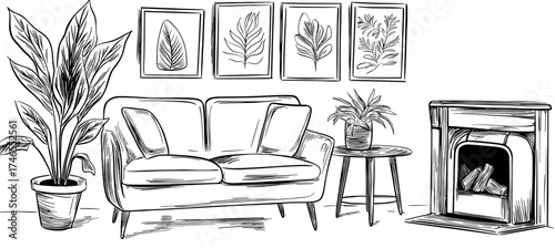 The living room features a modern interior with cozy furniture, including a sofa, carpet, chair, table, and plant, all in the scandic hygge style, found in a modern apartment