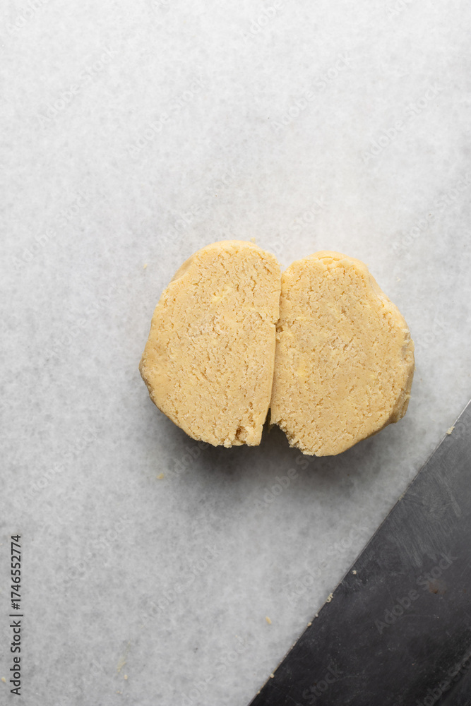 Obraz premium overhead view of tart shell dough on granite countertop, top view of pie shell dough, process of making tart