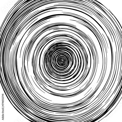 Black and white rotating stripes form a geometric illusion of a spiral, creating a hypnotic and optical spin in this modern circular abstraction illustration