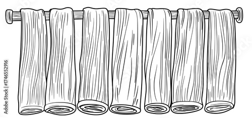 The illustration showcases a modern set of colorful, clean, and soft fabric bath towels, including a stack of towels and a fluffy cotton beach towel, all highlighting hygiene and textile comfort