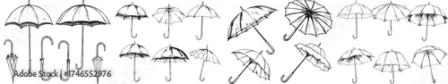 A realistic mockup of a white umbrella is provided, featuring a blank and open fabric parasol, along with a set of modern templates for outdoor weather and waterproof umbrellas, all showcased in a