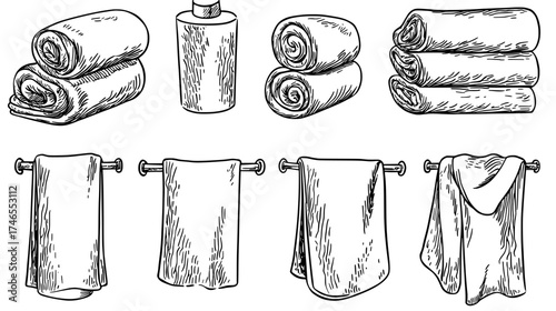 A set of bath towels is depicted in a modern illustration, featuring a cartoon fabric towel hanging on a ring, alongside rolled and folded color cloth towels, all for bathroom hygiene and textile
