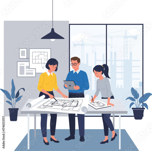 Creative team of architects and designers collaborating on a blueprint plan in modern office environment