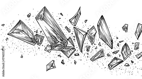 The background image depicts a scene of destruction, with abstract shattered elements, broken pieces of debris, black triangular walls, and an explosion, all set against a modern backdrop with