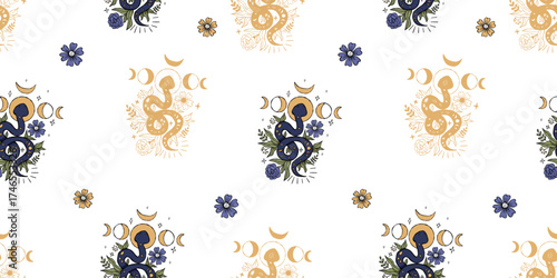 Repeating Seamless pattern with Mystical Snakes, moon phases, flowers, and celestial symbols in gold and blue tones on white background. Textured Hand Drawing Doodle. Vector illustration. Not AI