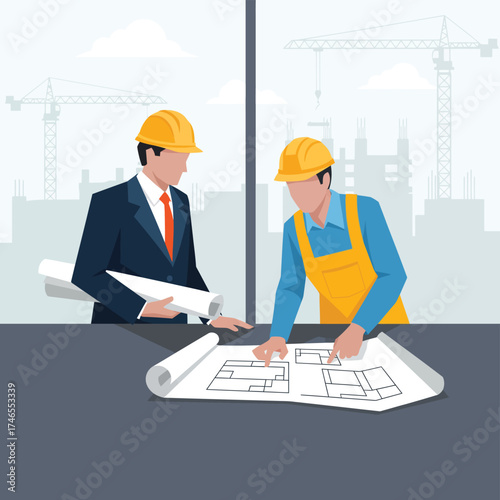 Flat vector showing architect and engineer analyzing construction drawings at the office