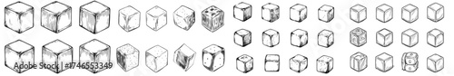 Modern illustration symbols set featuring realistic 3D white cubes with minimal cube shape and varying perspectives, including geometric box shapes suitable for medical packing, gift wrapping boxes,