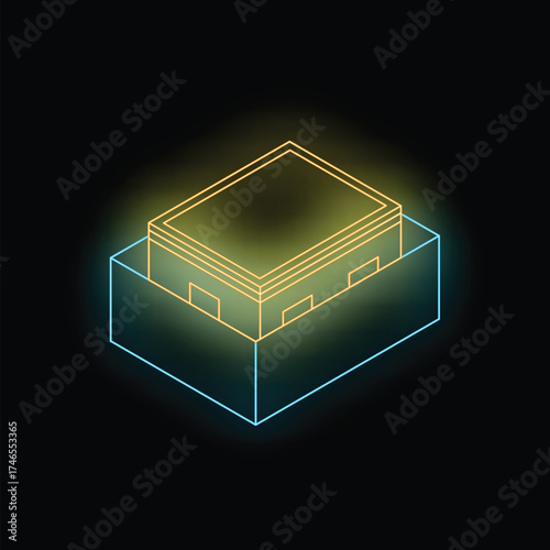Neon colored isometric building with an empty interior space is under construction