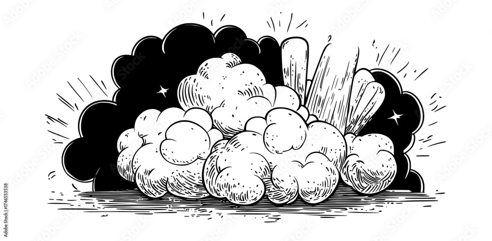 This modern illustration set includes a variety of comic smoke, smoke puffs vfx, energy explosion effects, and cartoon blasts