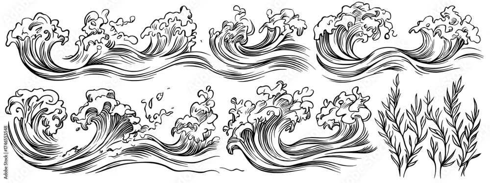 The illustration set includes a sea waves sketch, along with a storm wave, a vintage tide, and depictions of ocean beach storms in a modern hand-drawn style