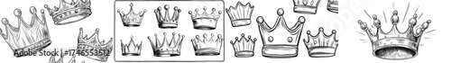 A hand-drawn crown is featured in this luxury crowns sketch, which includes a queen or king coronation doodle and a majestic princess tiara in a modern illustration set