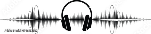 Headphones with sound waves silhouette, music audio illustration, podcast design artwork, DJ culture graphic, sound technology icon, rhythm and lifestyle symbol