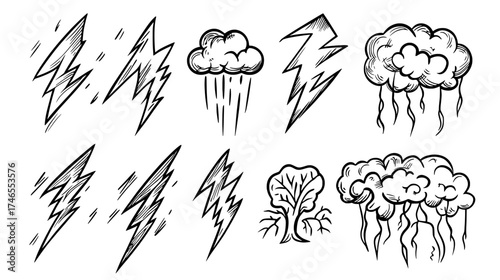 A modern illustration isolated sign set containing lightning silhouette, high voltage electrical power symbol, electric lightnings, and thunderbolt silhouettes is available