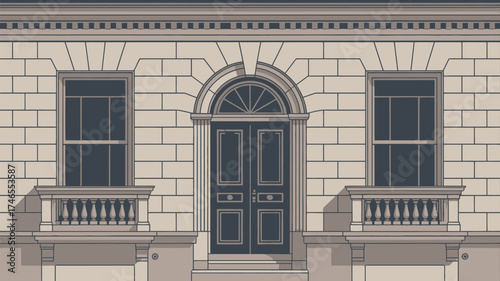 Illustration of a building facade with two windows and a door with an arched transom window above it