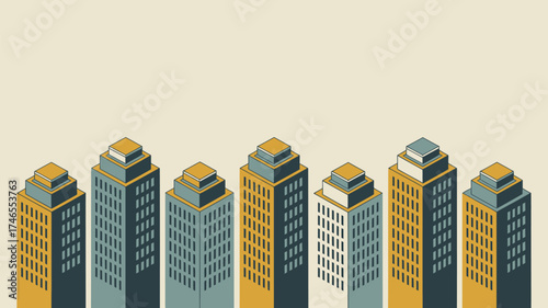 Isometric illustration of seven buildings with varying colors against a beige background space above