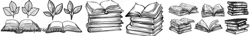 Books on hand drawing feature sketches of literary works in a modern school or college student library collection