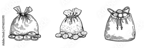 The image depicts a gold coin inside an old antique sack, representing a golden coins bag, a saving money purse, and gold wealth in a 3D realistic modern illustration