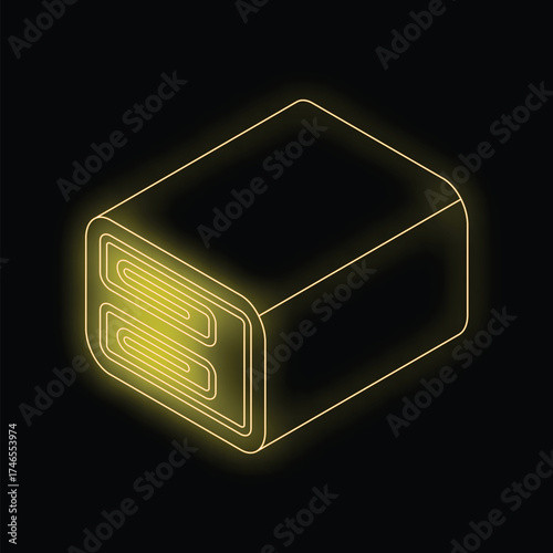 Power bank glowing on black background, concept of charging, energy, technology and power supply
