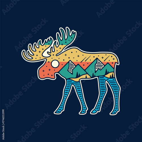 Moose Double Exposure – Retro Mountain Landscape Illustration